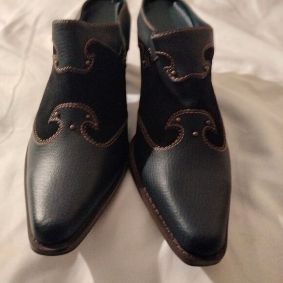 DARK BLUE COUNTRY WESTERN SLIDES Heels GENUINE SUEDE LEATHER SIZE 10 Nwot